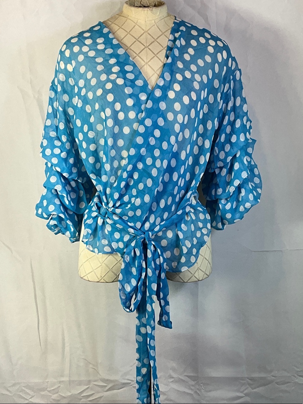 Impulsive Sheer Tie Waist Wrap Over Tiered Ruffle Sleeve Blouse Size Medium